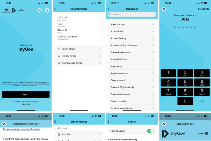 myGov app screens